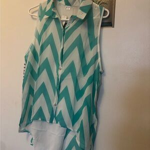 Chevron Sleeveless Blouse - Teal and White